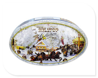 China Cartucho oval da lata do chá com a cópia feita sob encomenda da caixa dourada interna do metal da cor aceitada fábrica