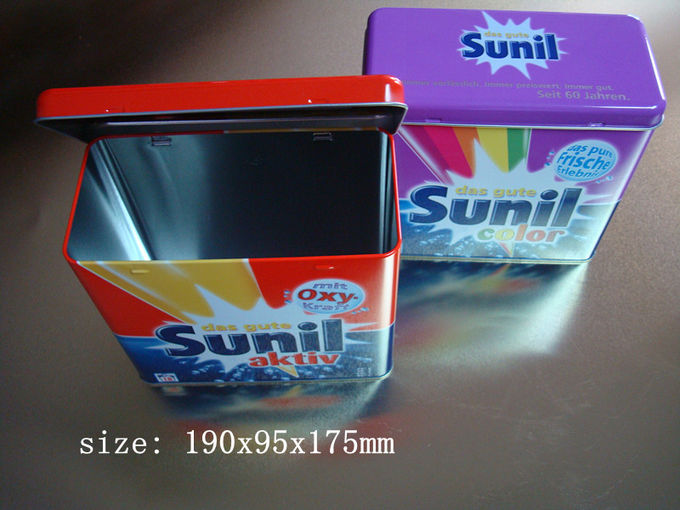 Caixa do recipiente da lata do metal de pó da lavagem de Sunil/tampa com Hinger, prata para dentro